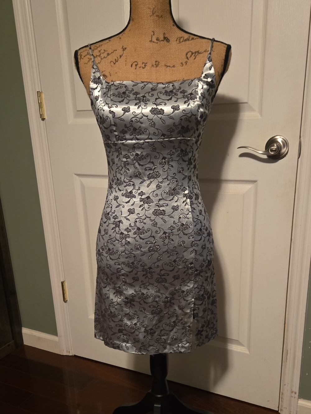 CO Silver Satin Floral Slip Mini Dress